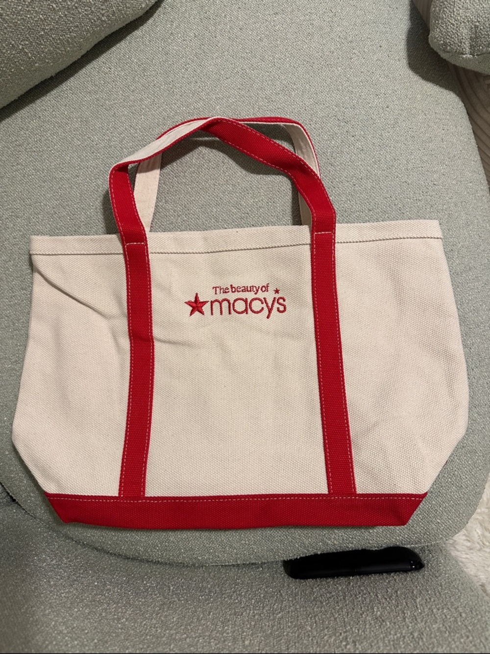 Macy's Cream Canvas Tote with Red Trim and Handles, Embroidered Logo